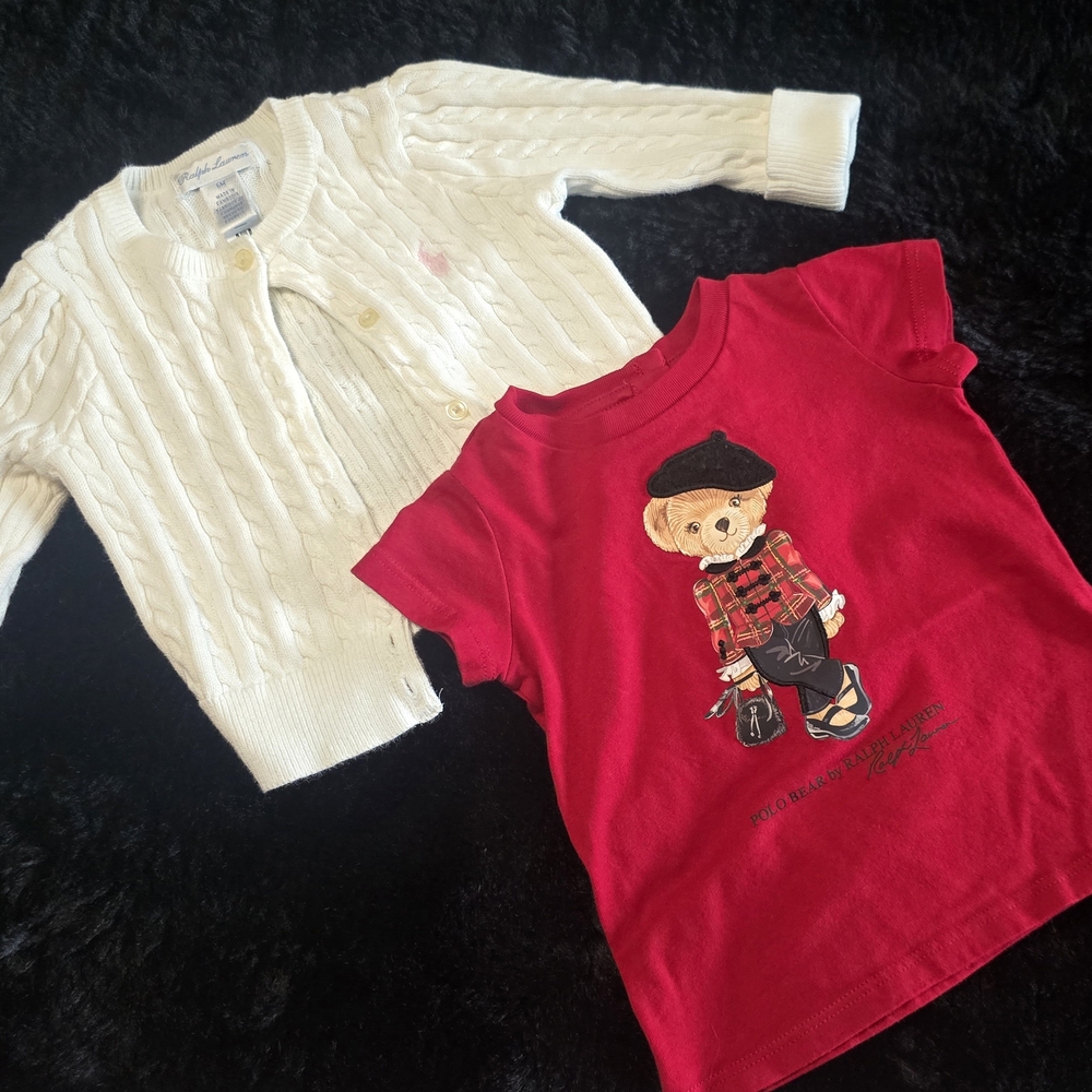 Red Bear Graphic Kids T-Shirt and White Cable Knit Cardigan